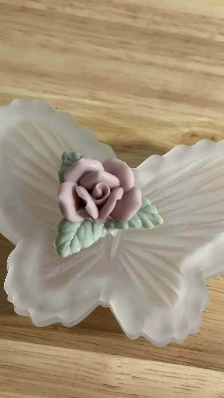 Vintage Frosted Glass Butterfly Dish Trinket Box with Pink Porcelain Rose Lid
